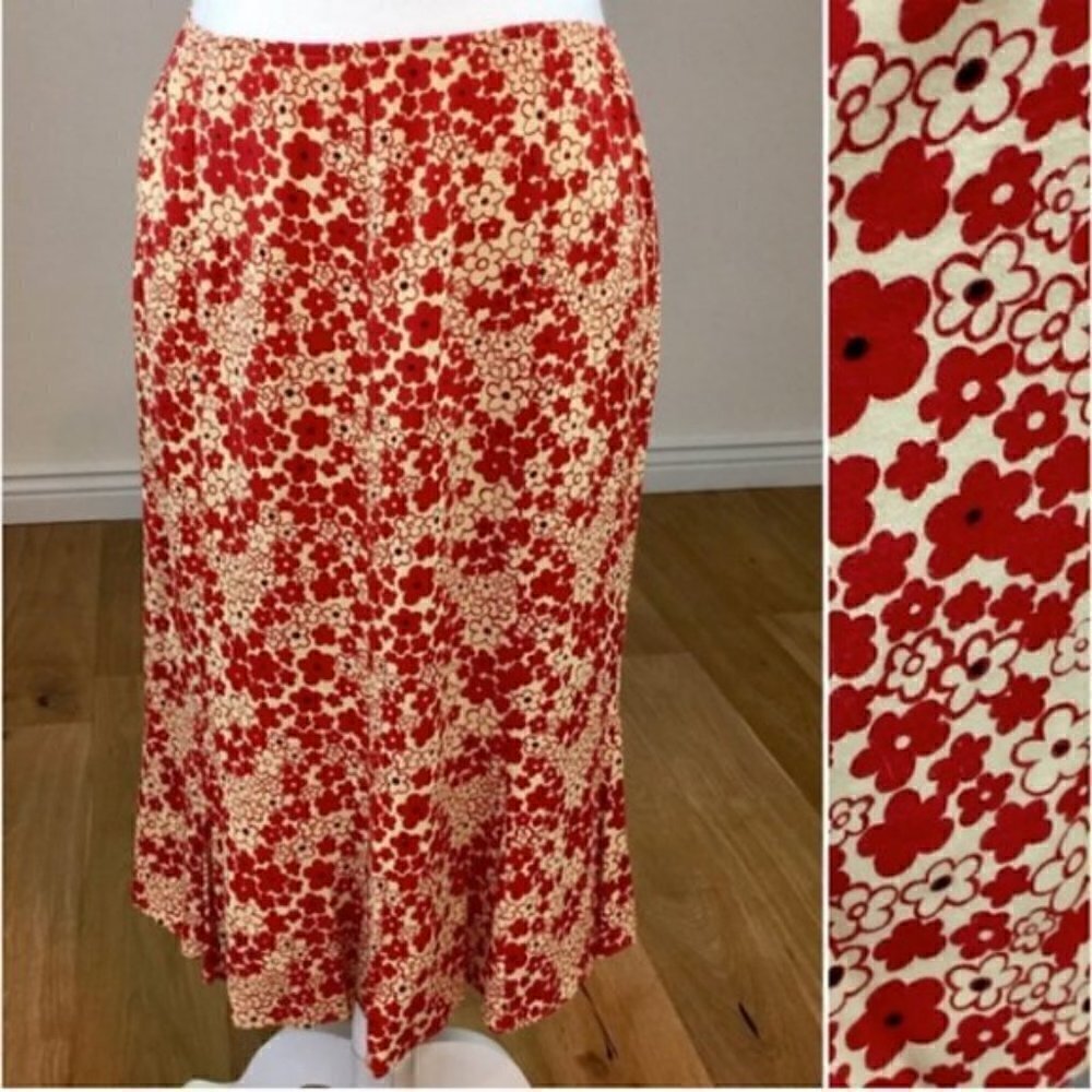 Vintage Floral Midi Skirt Cream and Red Size 2